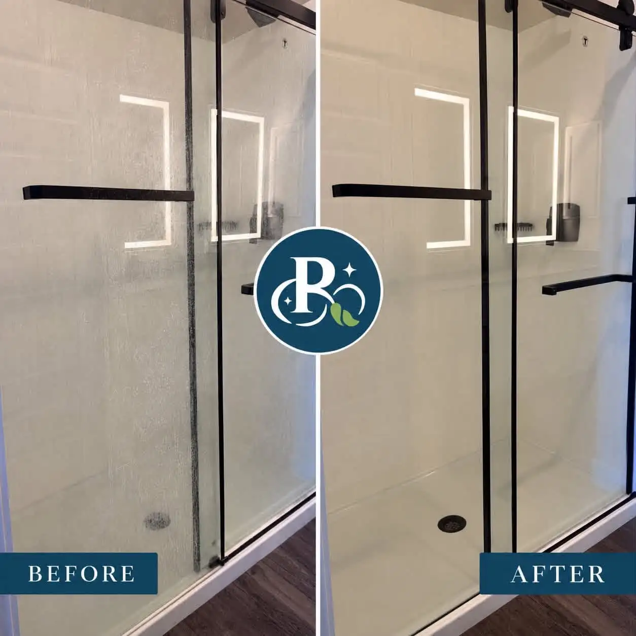 Before and after comparison of a glass shower enclosure with buildup removed