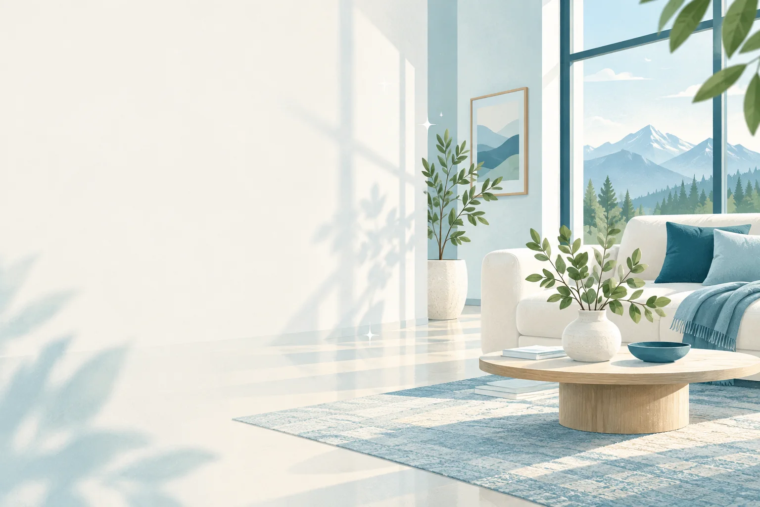 Editorial illustration of a bright, welcoming Montana living room